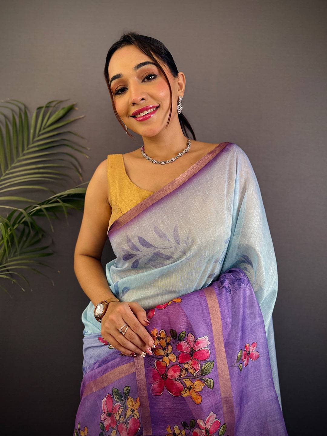 Sky Blue Linen Chanderi Floral Print Saree