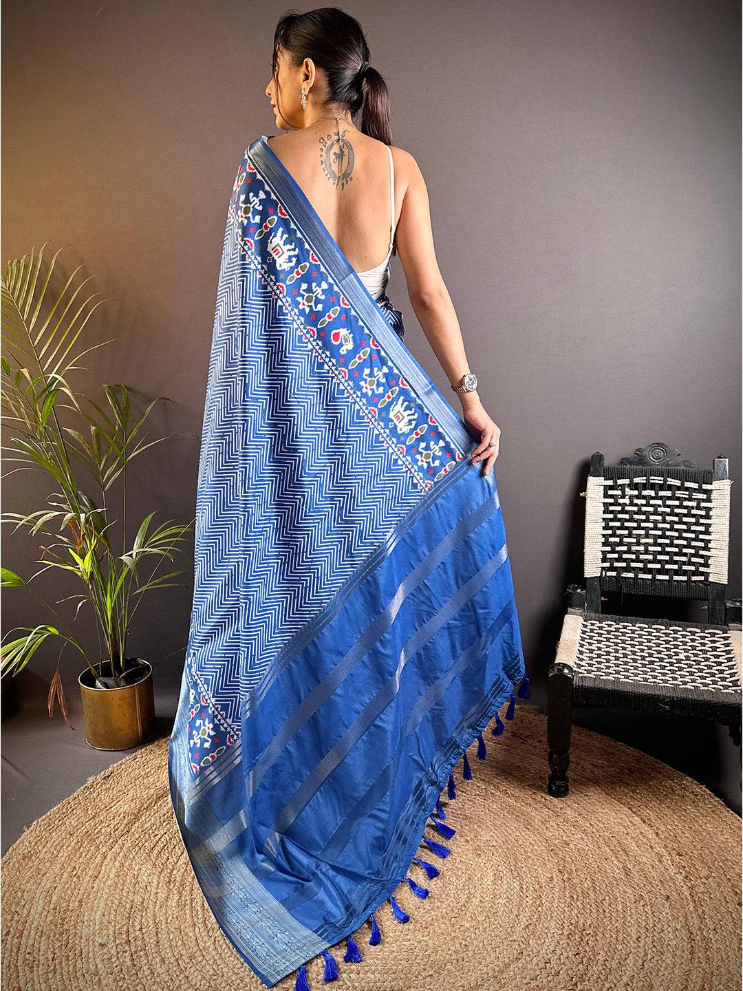 Azure Blue Zig Zag Kalamkari Kanchi Silk Saree