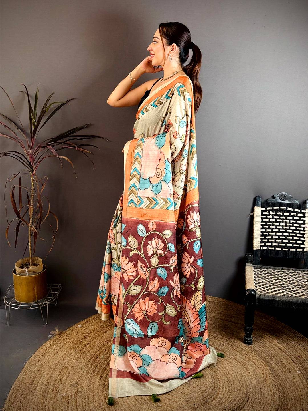 Royal Pen Kalamkari Ghicha Tussar Saree