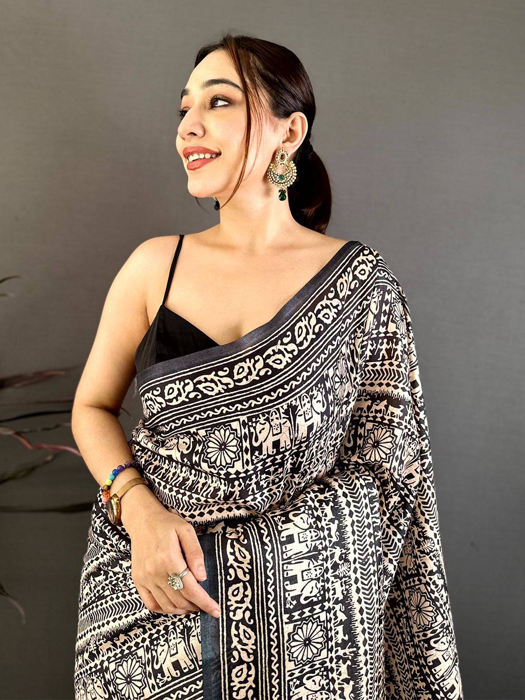 Black Ajrakh Print Semi Tussar Saree