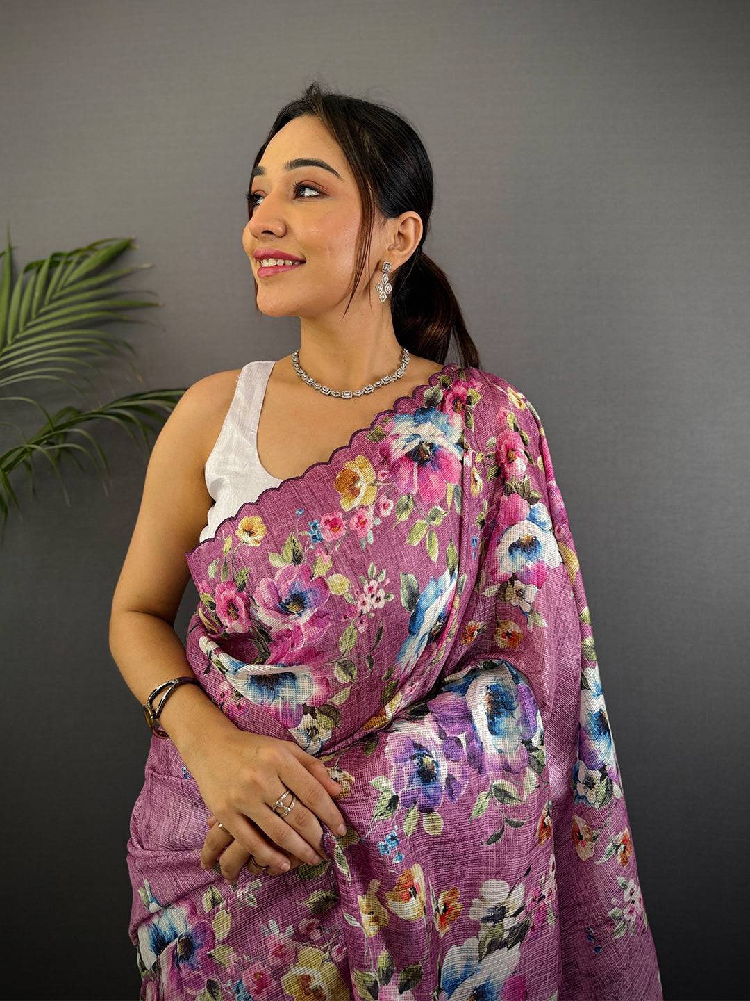 Dusty Rose Floral Cut Work Kota Saree