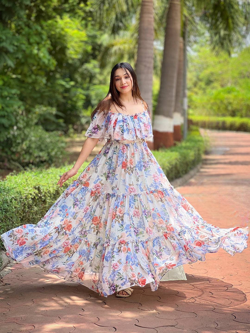 Flowy floral maxi dress with ruffle neck