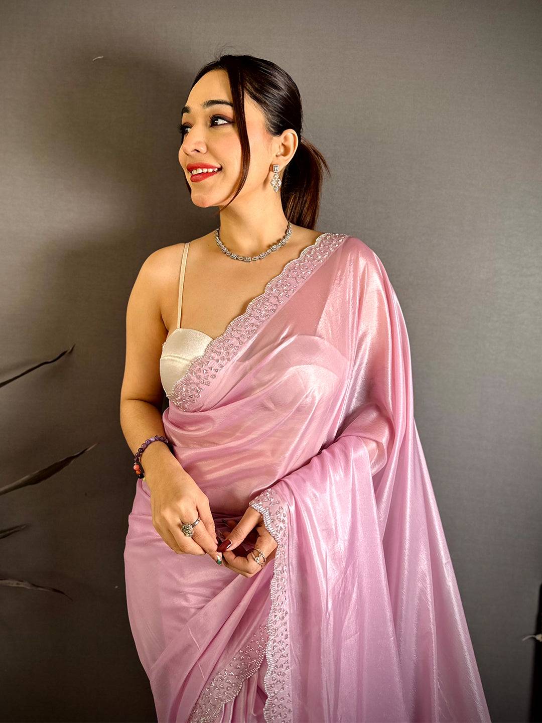 Radiant Silver Glass Swarovski Silk Saree
