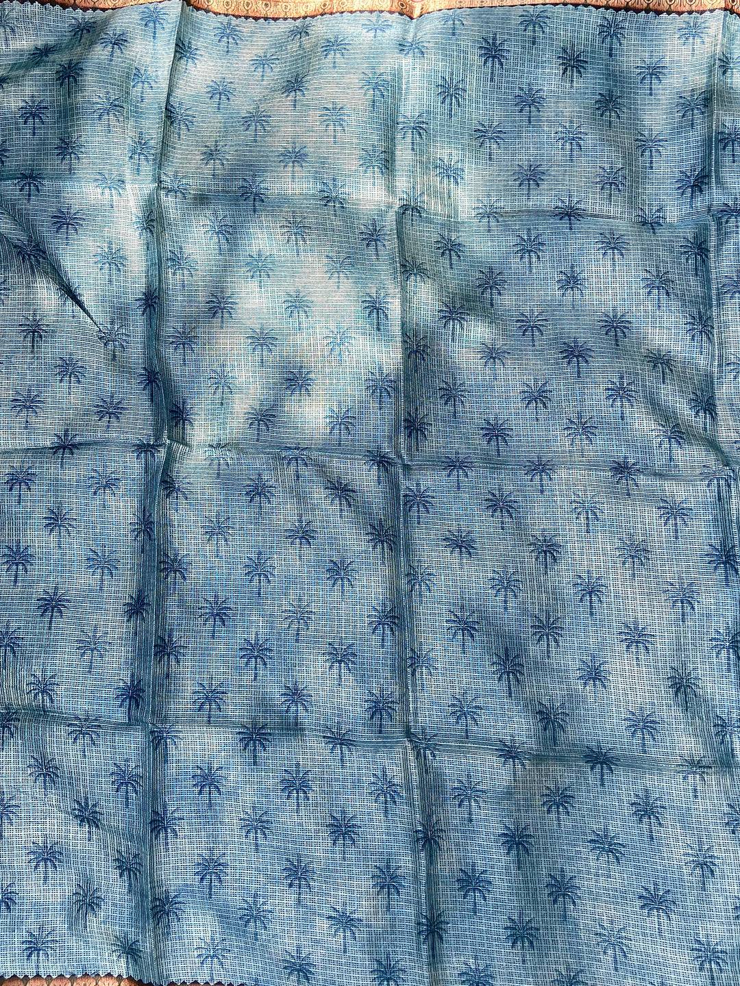 Backside of grey Kota Doriya silk saree with subtle palm prints