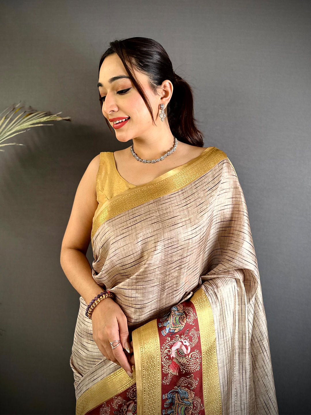 Champagne Beige Tanjore Print Silk Saree