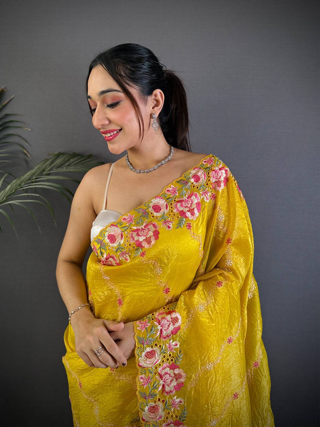 Yellow Crush Silk Embroidery Work Saree