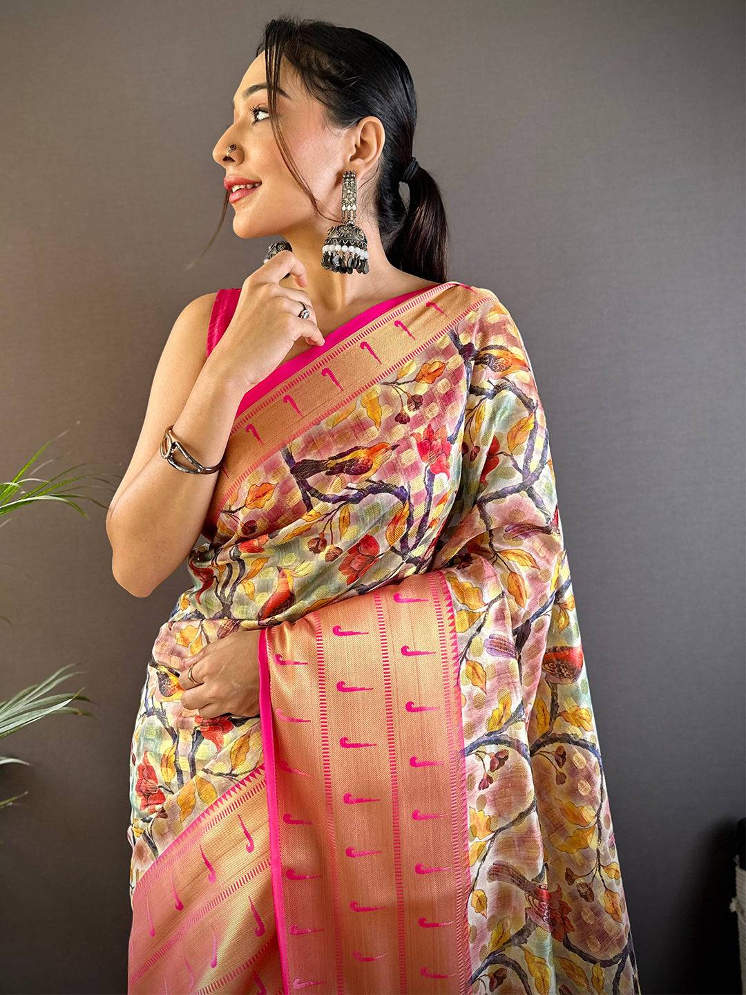 Cream Kalamkari Paithani Kora Silk Saree