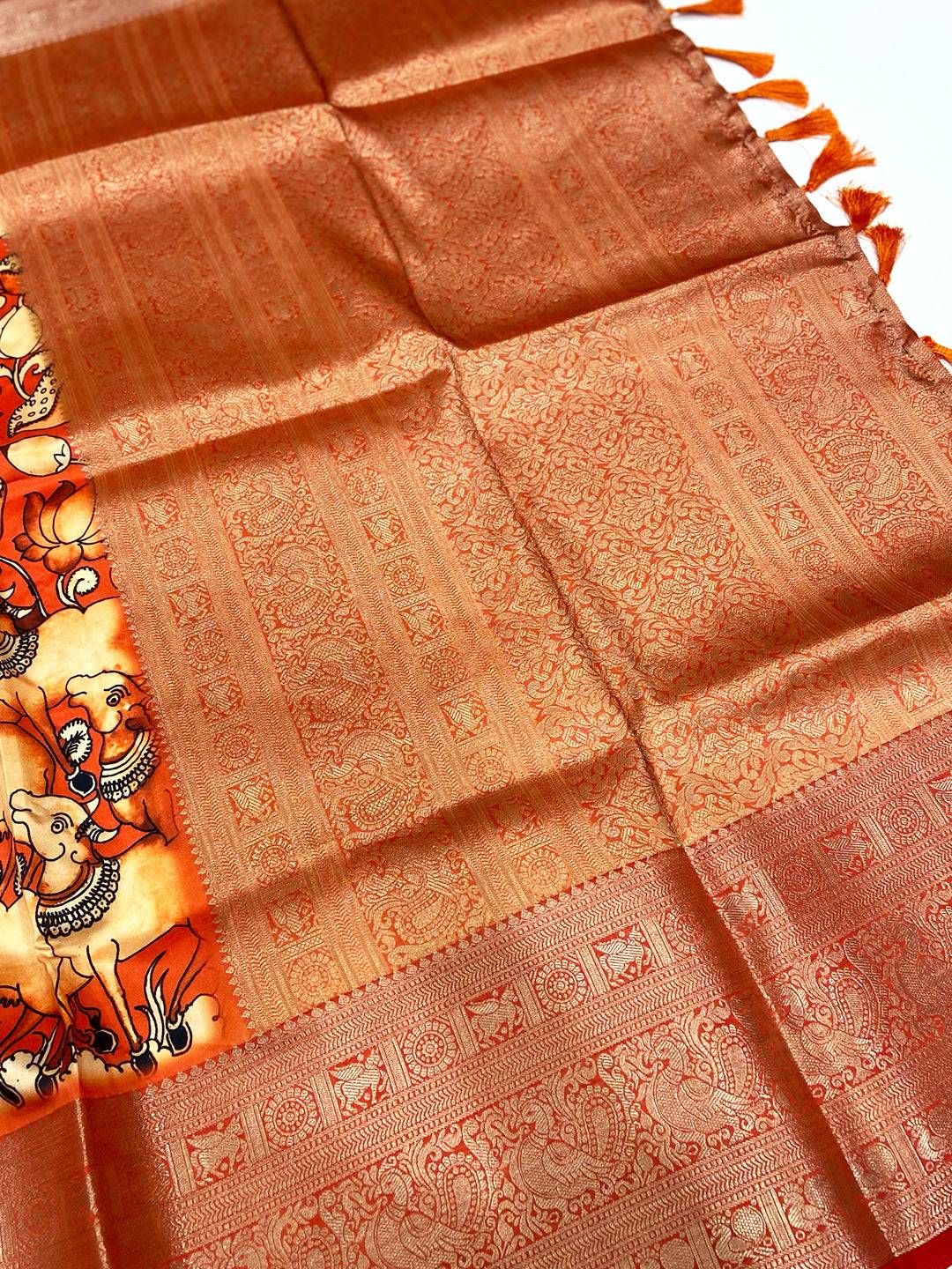Orange Digital Kalamkari Banarasi Saree