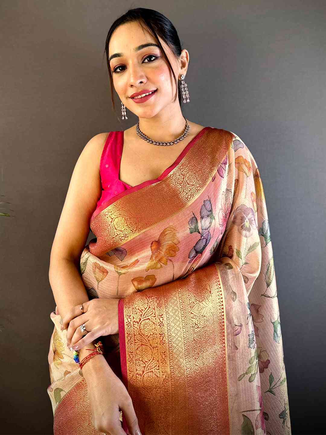 Tan Beige Floral Gold Zari Tissue Saree