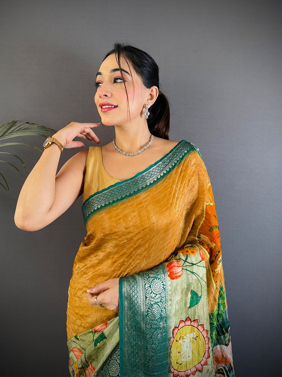 Mustard Viscose Pichwai Print Saree