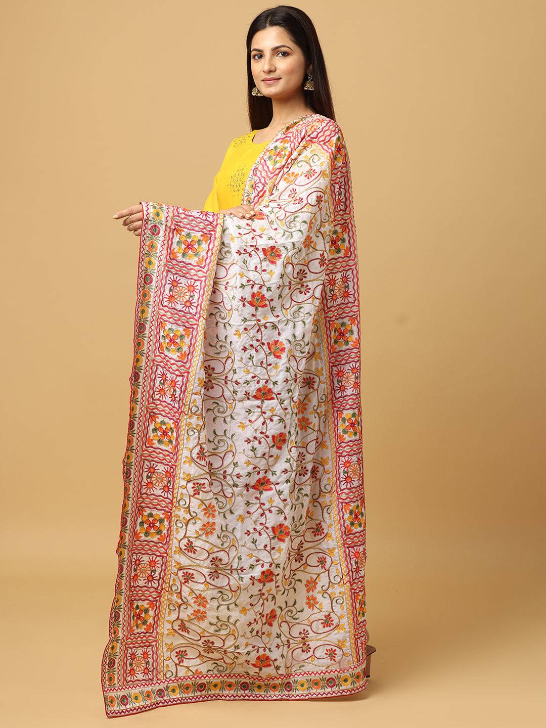 Side view of poly chiffon pashmina dupatta with vibrant embroidery