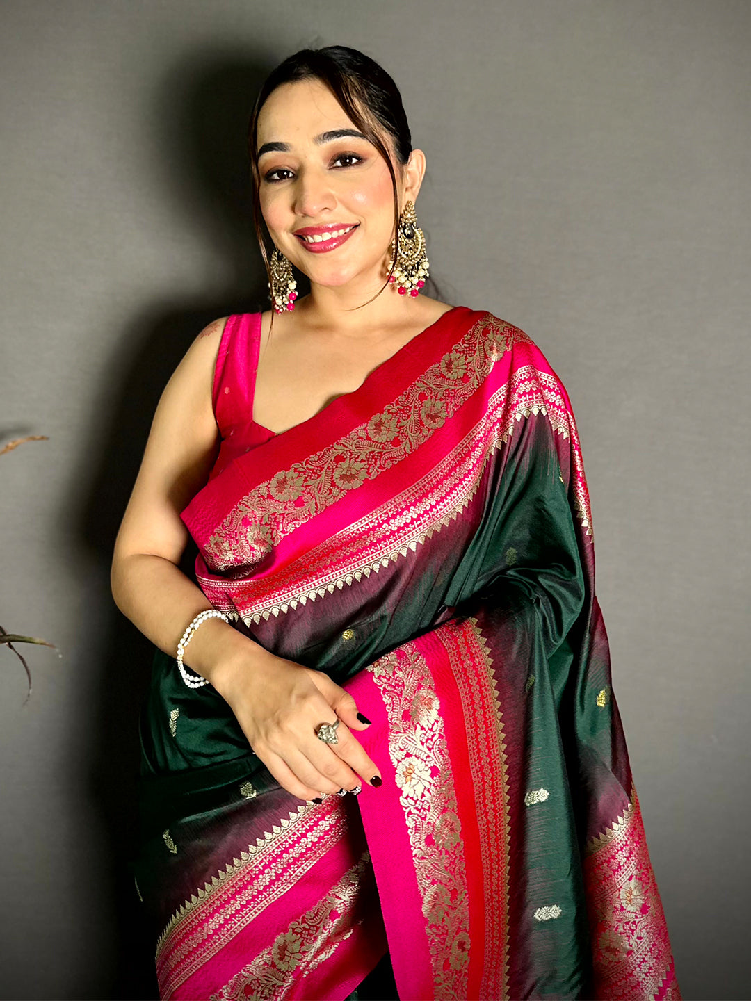 Gold Zari Woven Bottle Green Soft Silk Saree