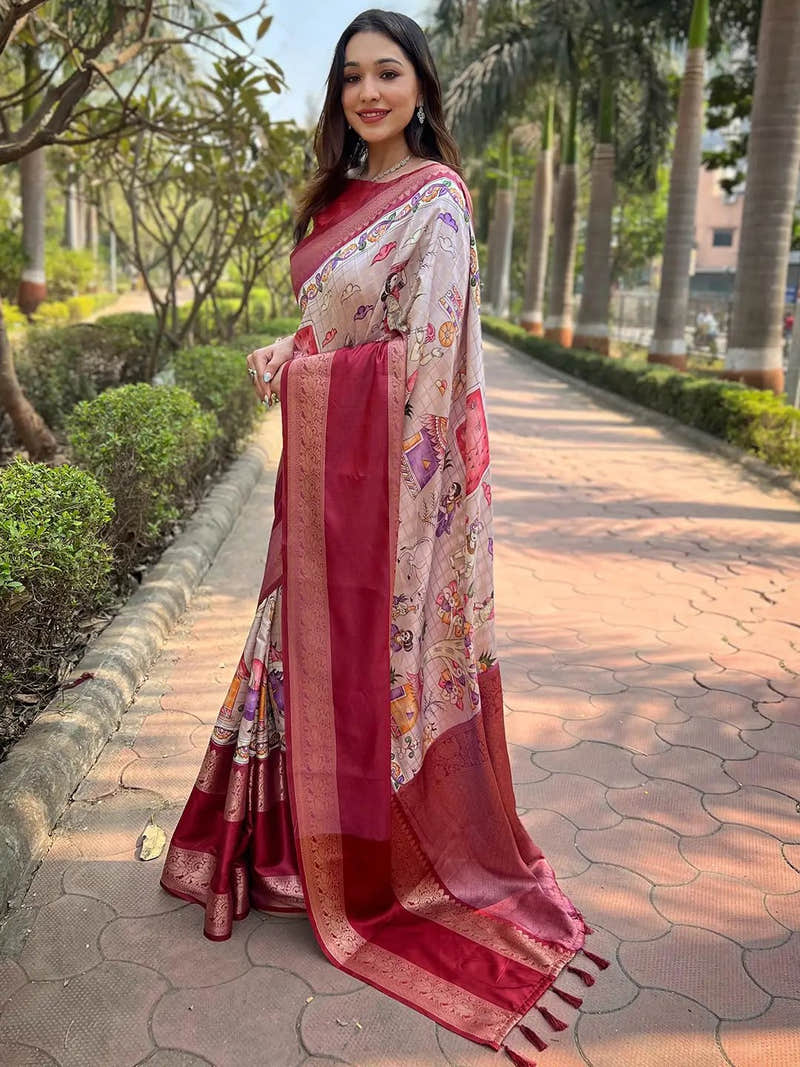 Wine Colour Double Border Chex Weaving Banarasi Soft Silk Saree