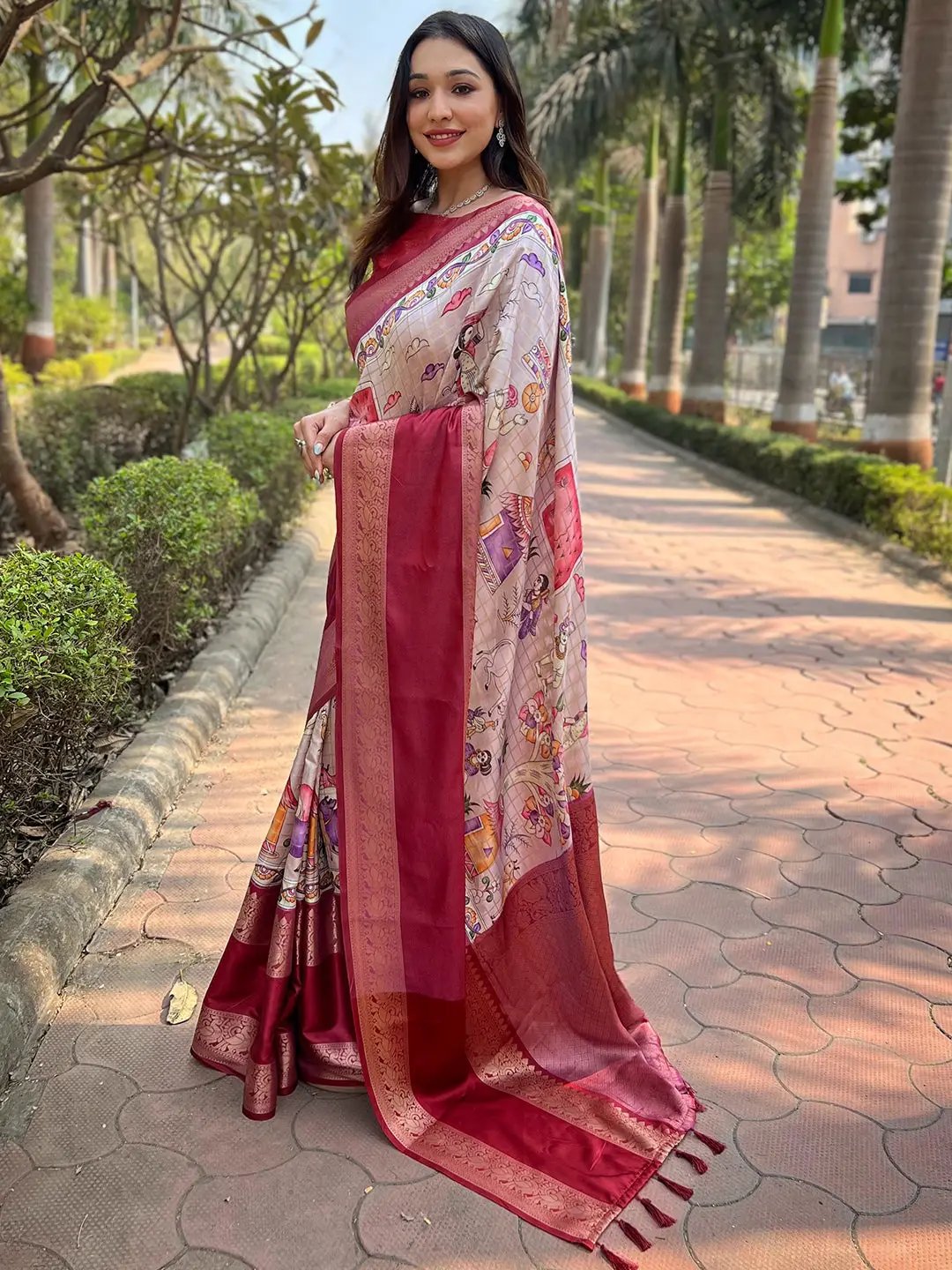 Elegant Banarasi Silk Saree with wine color and double border design