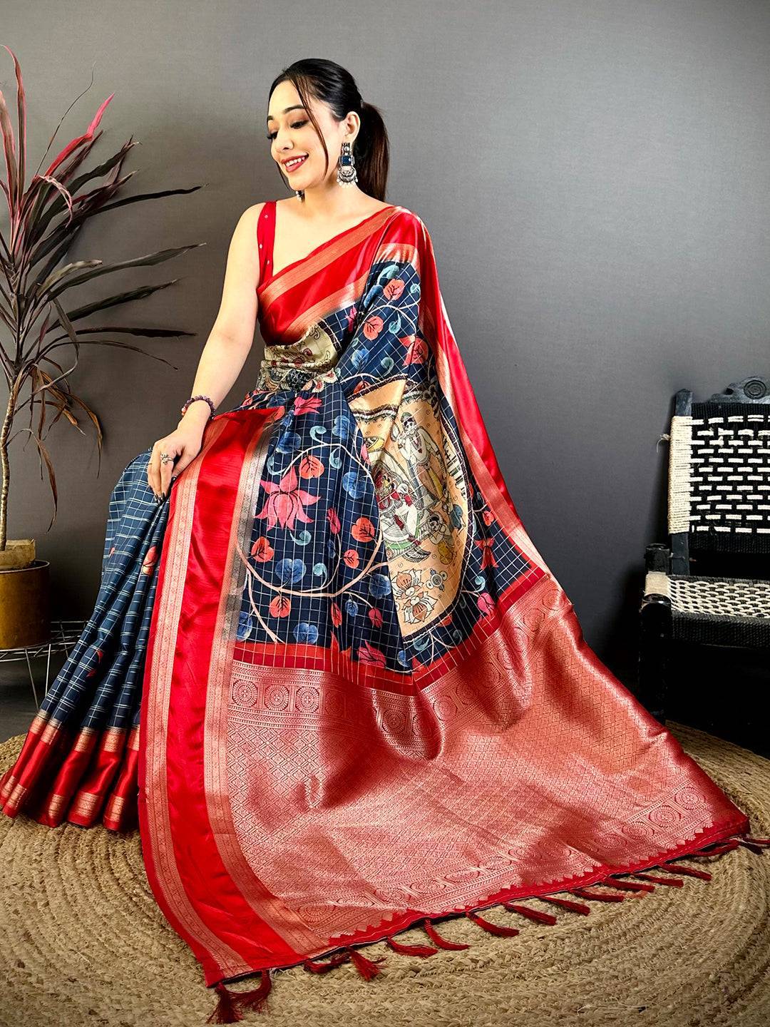 Navy Soft Silk Gadwal Kalamkari Saree