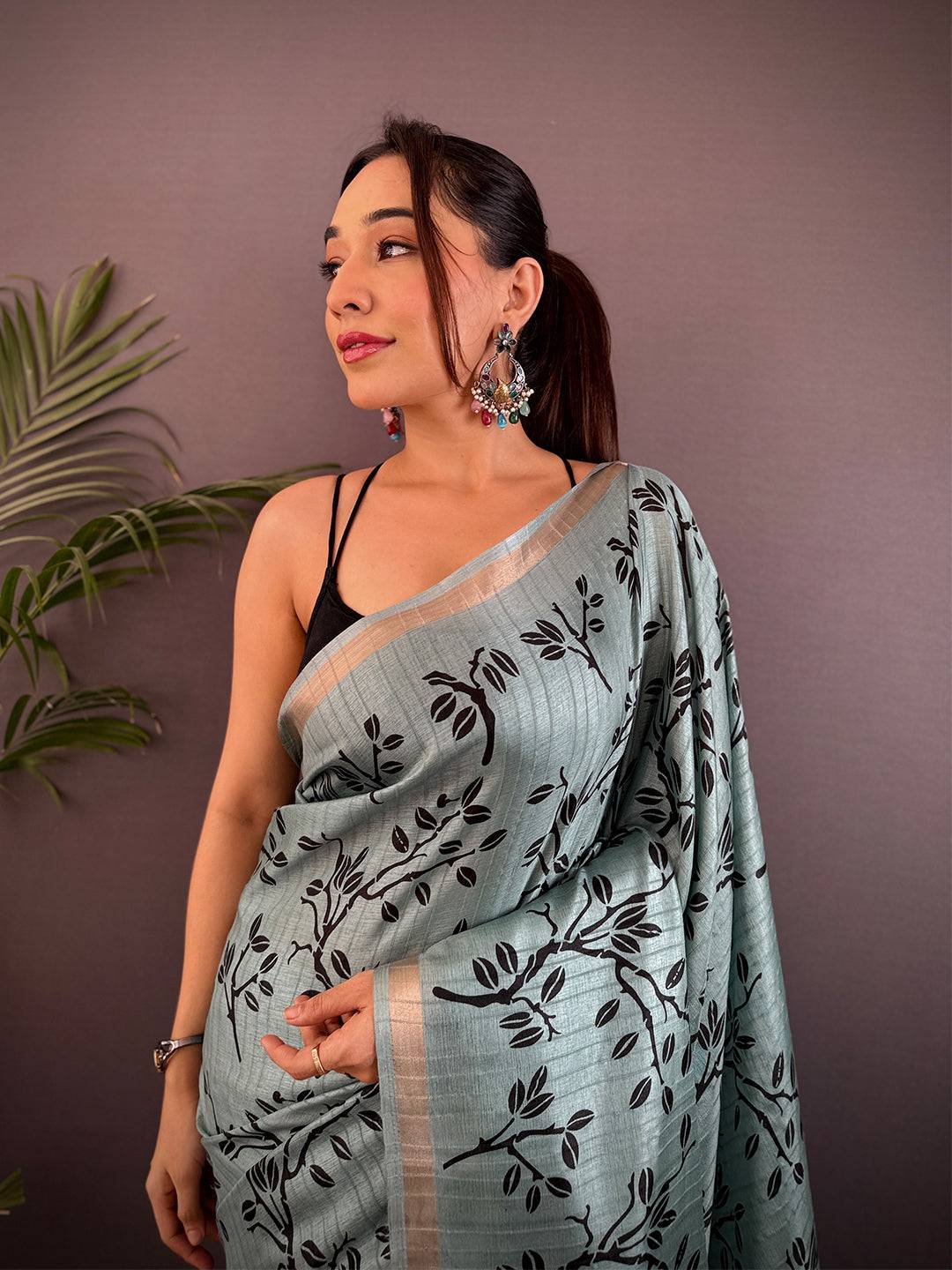 Teal Ghicha Leaf Print Saree