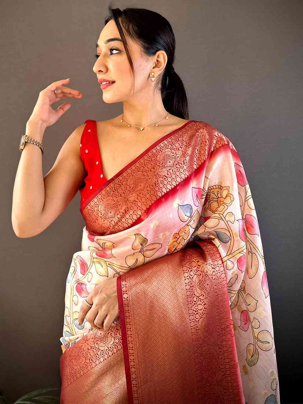 White Floral Kalamkari Kota Doriya Saree