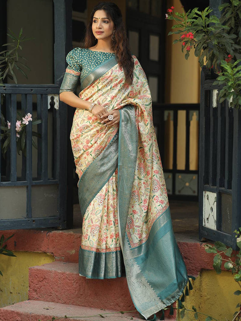 Cream Colour Phulkari Design Zari Weaving Pallu Saree