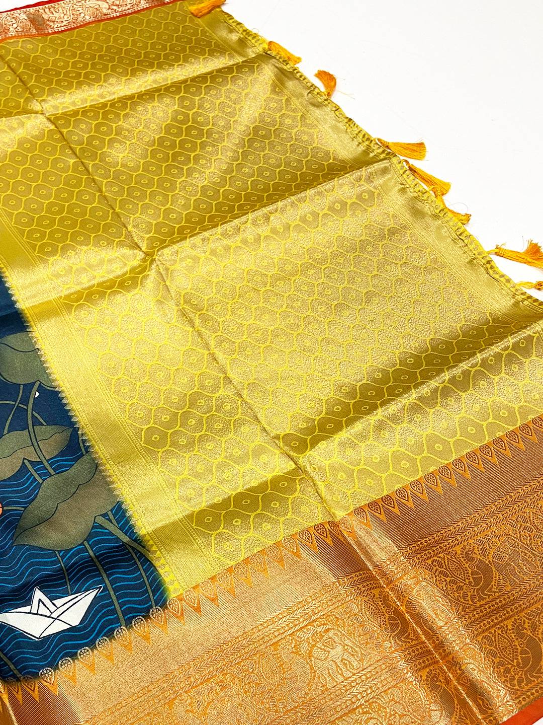 Navy Blue Floral Printed Banarasi Saree