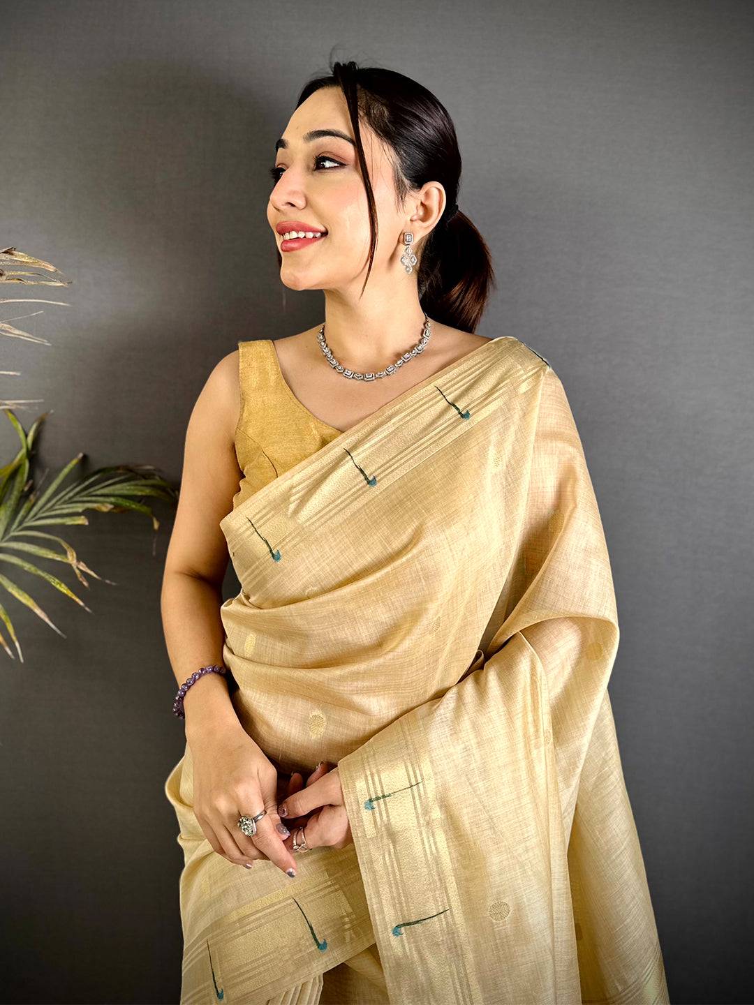Off White Minakari Grace Khadi Linen Saree