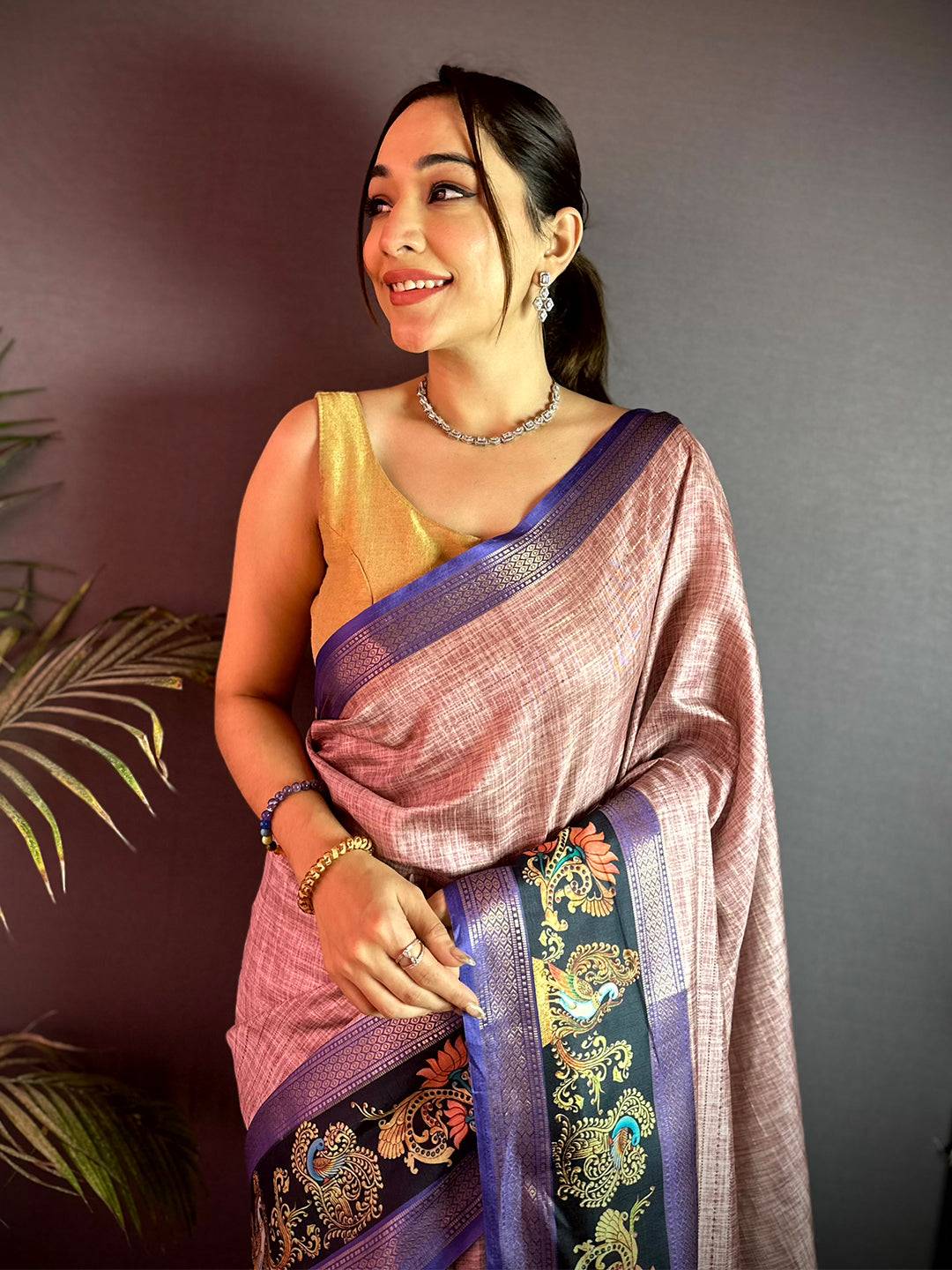 Radiant Tanjore Art Khadi Semi Silk Saree
