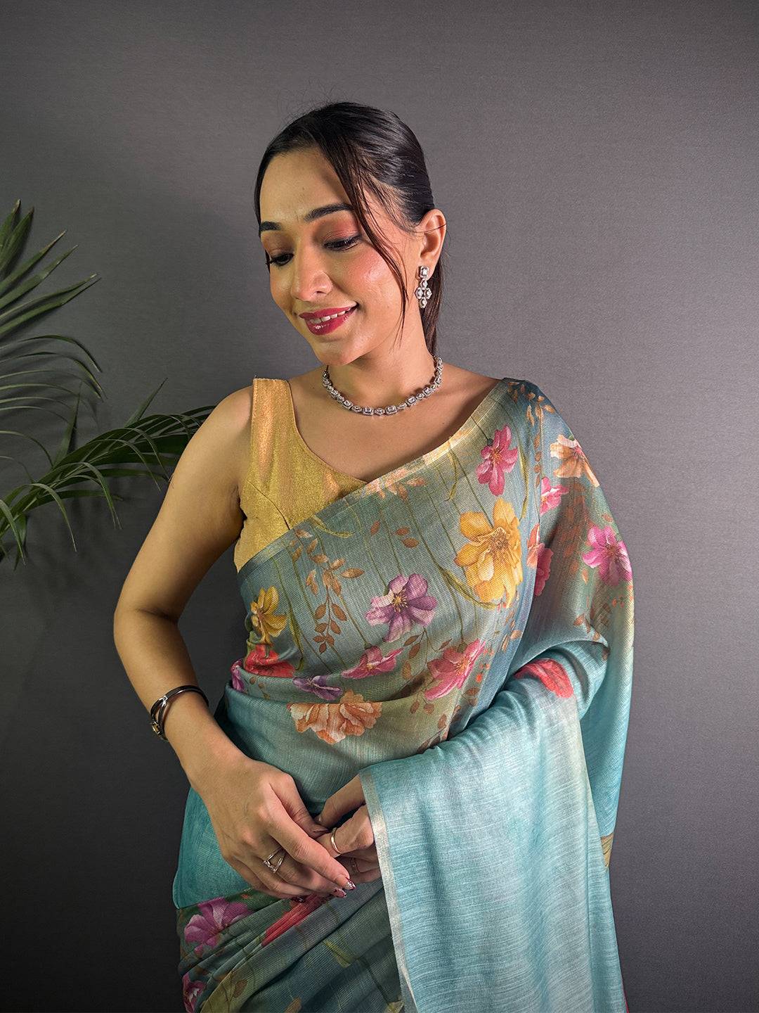 Teal Blue Linen Juth Digital Print Saree