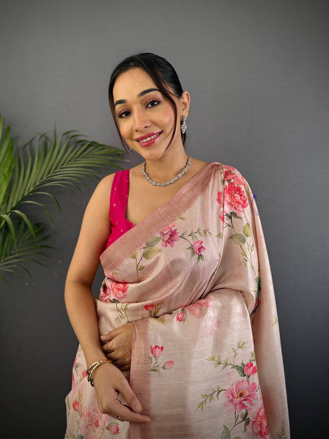 Light Pink Ghicha Leaf Print Saree