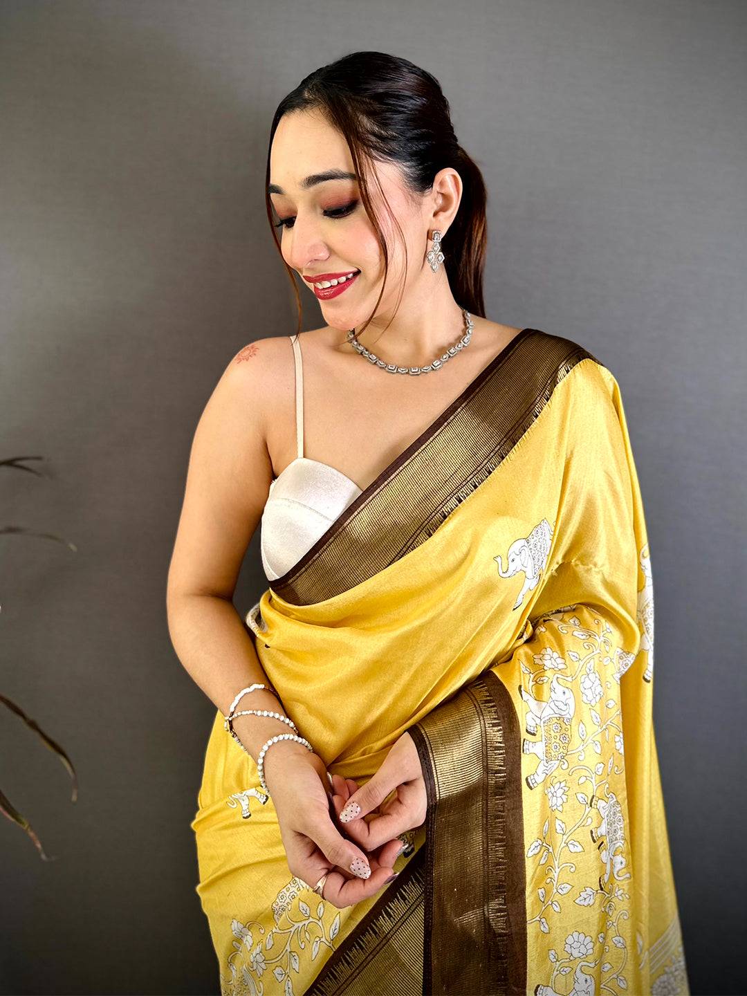 Mustard Soft Dola Block Kalamkari Zari Saree