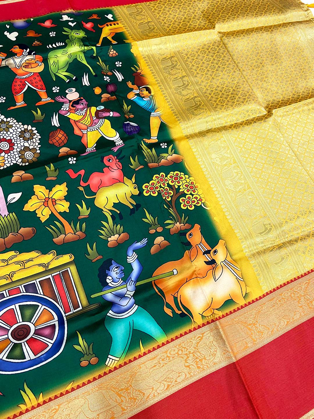 Dark Green Banarasi Kalamkari Silk Saree