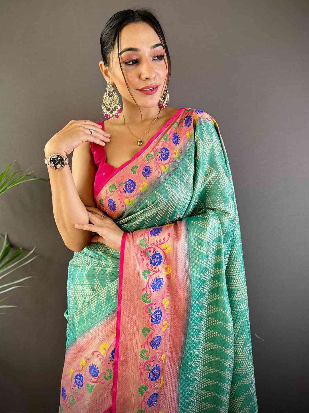 Kora Silk Banarasi Digital Print Saree In Sky Blue Colour