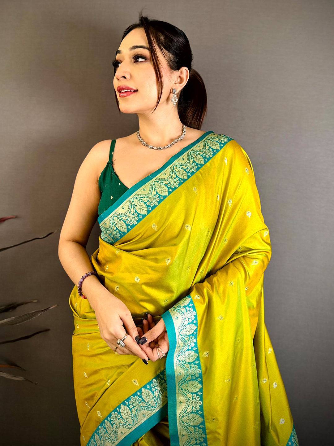Lime Yellow Royal Gadwal Silk Saree