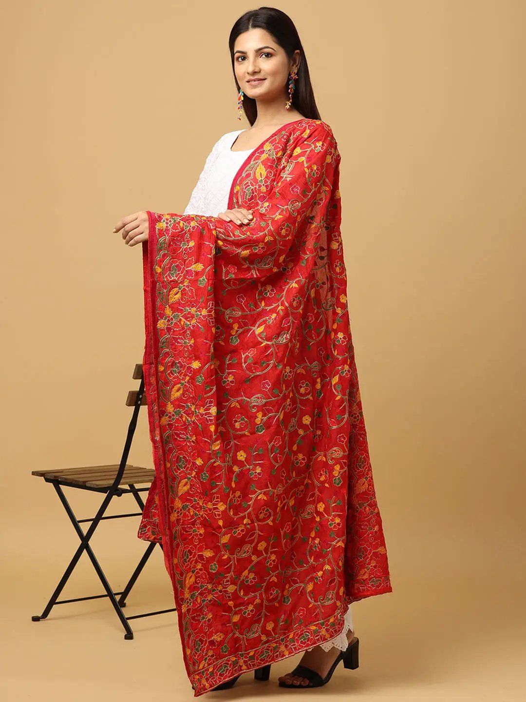 Side view of Red Poly Chiffon Pashmina Dupatta