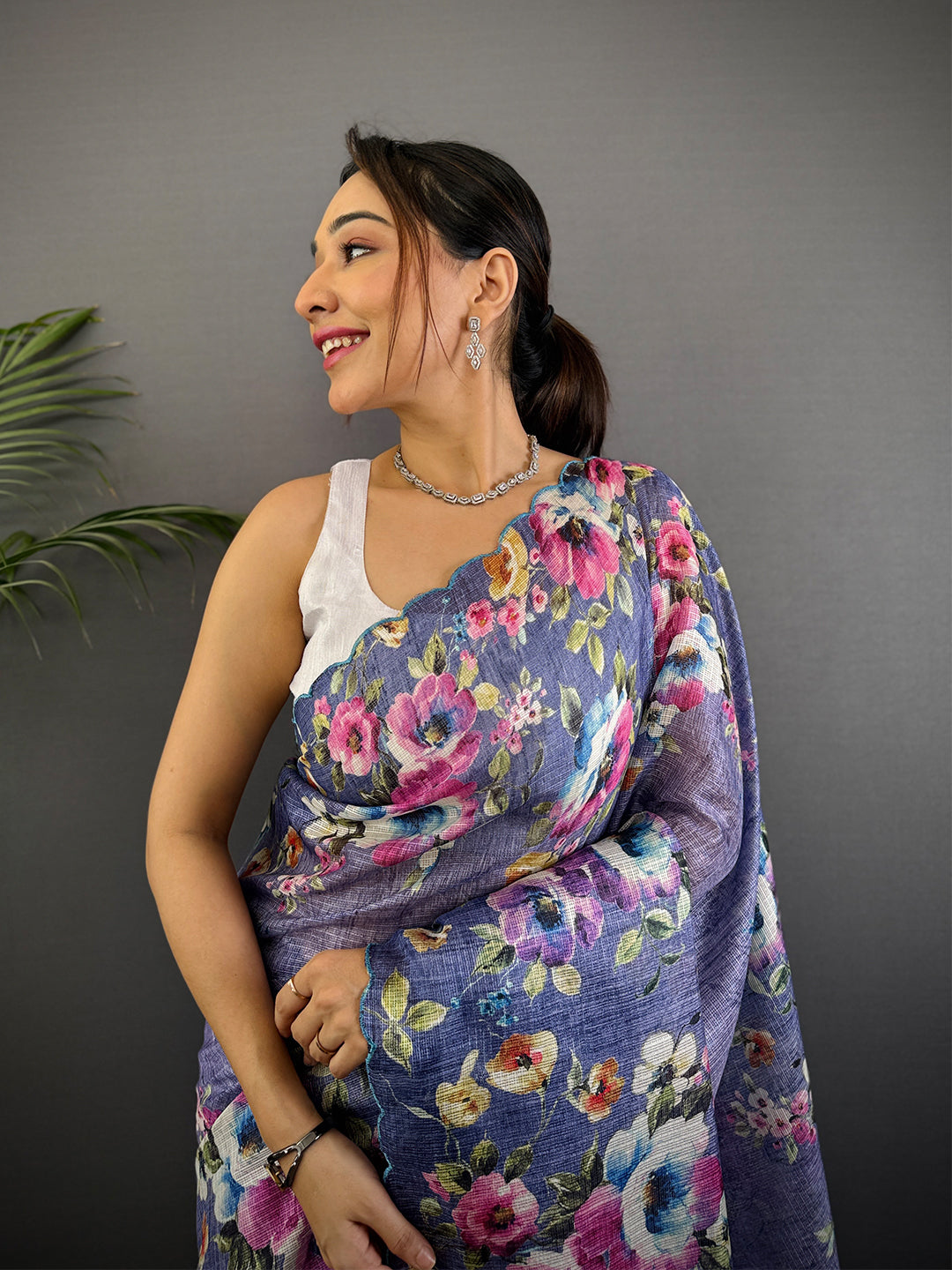 Lavender Floral Cut Work Kota Saree