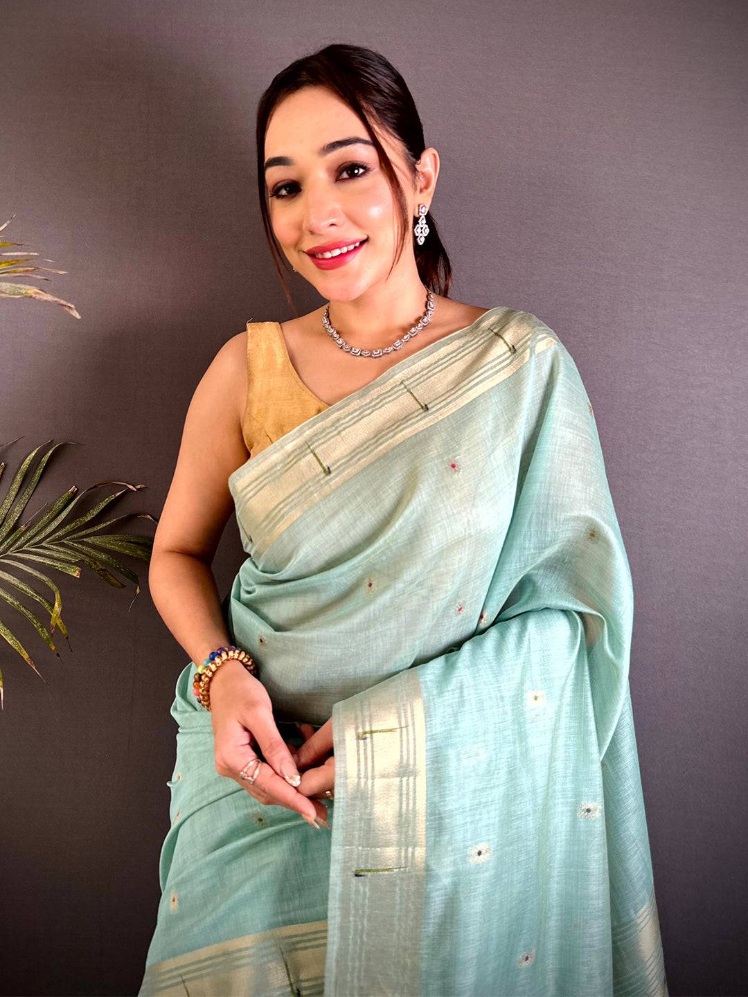 Sky Blue Minakari Paithani Khadi Linen Saree