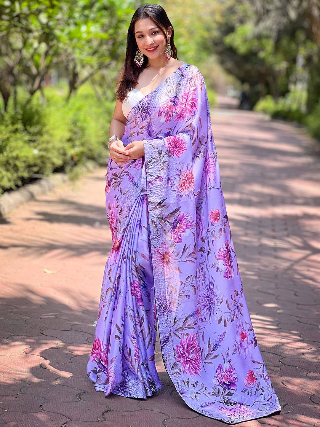 Full view of lavender floral satin georgette saree