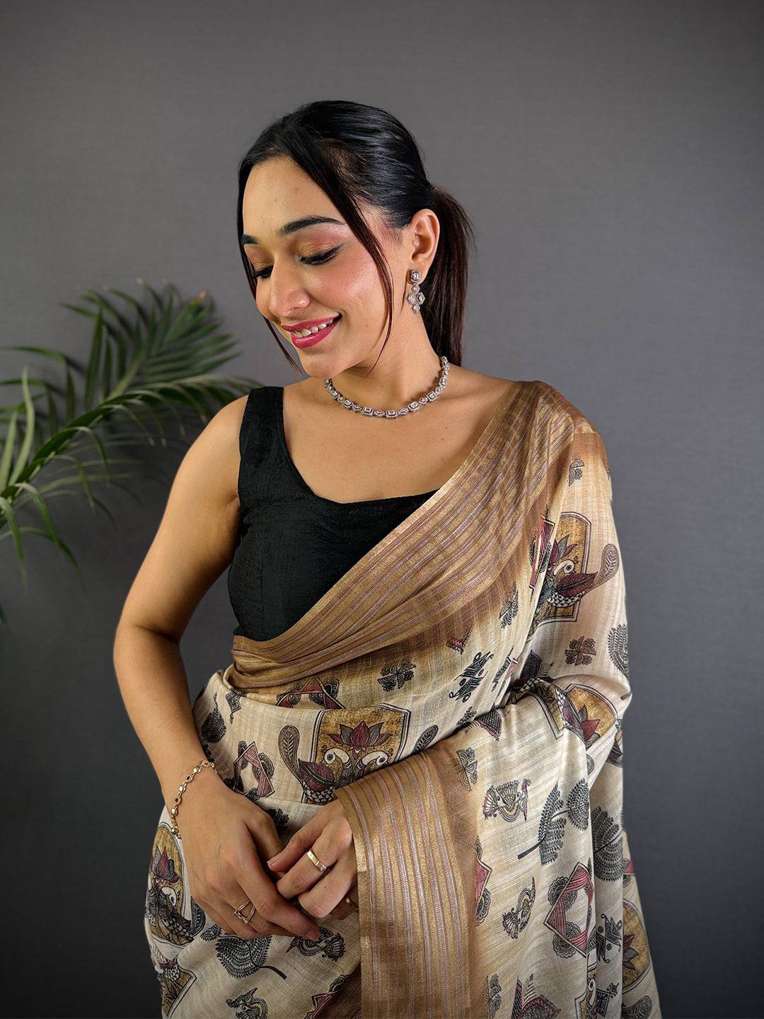 Ivory Linen Digital Printed Saree
