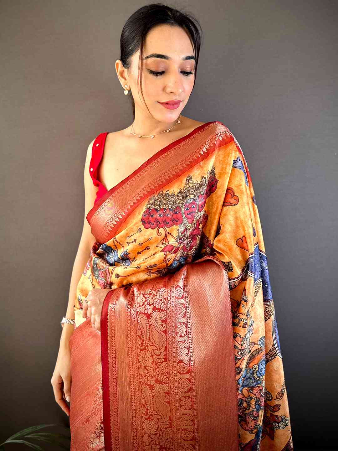 Mustard Ramayana Pen Kalamkari Printed Saree