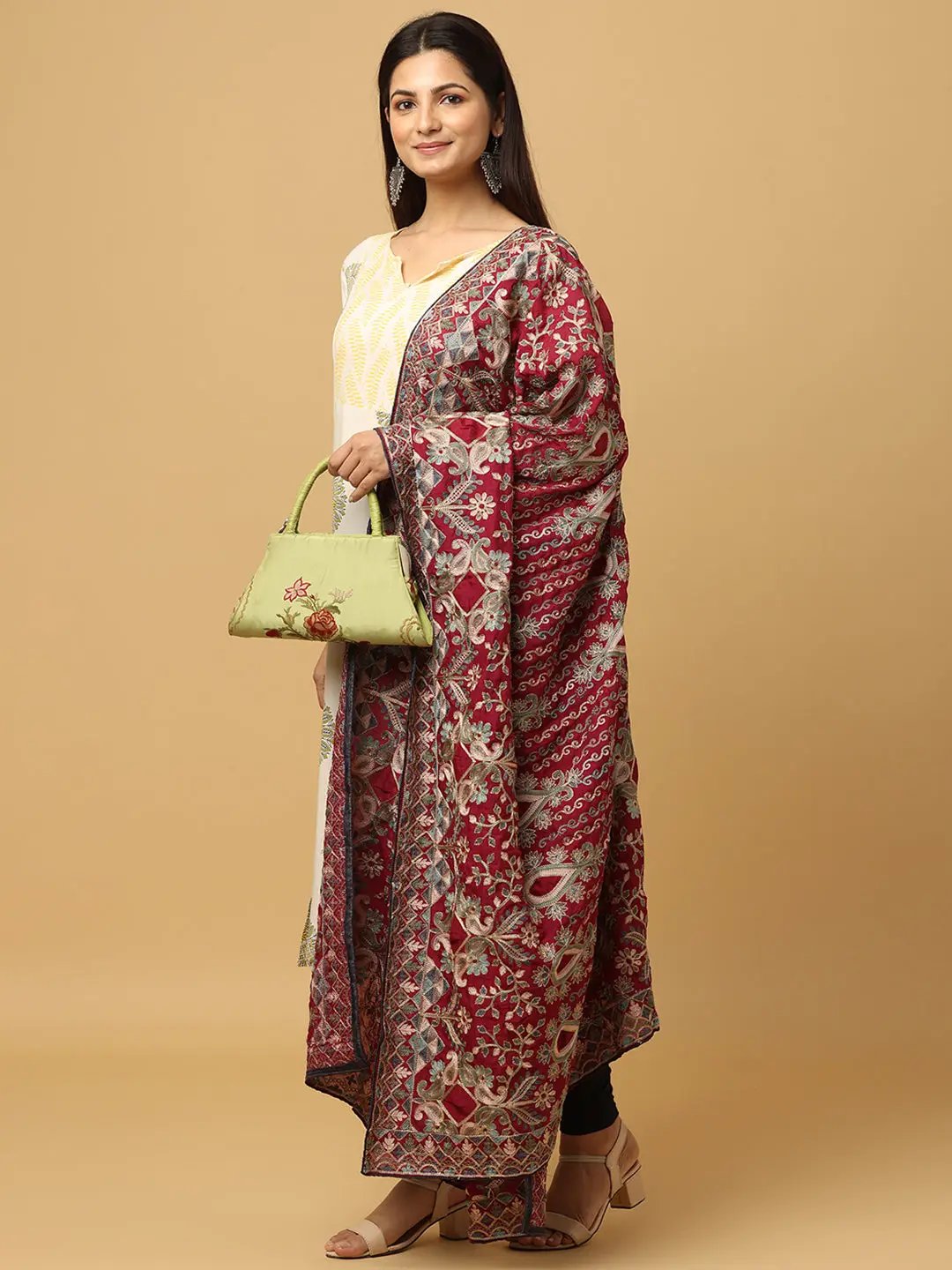 Elegant wine poly chiffon pashmina dupatta with embroidery