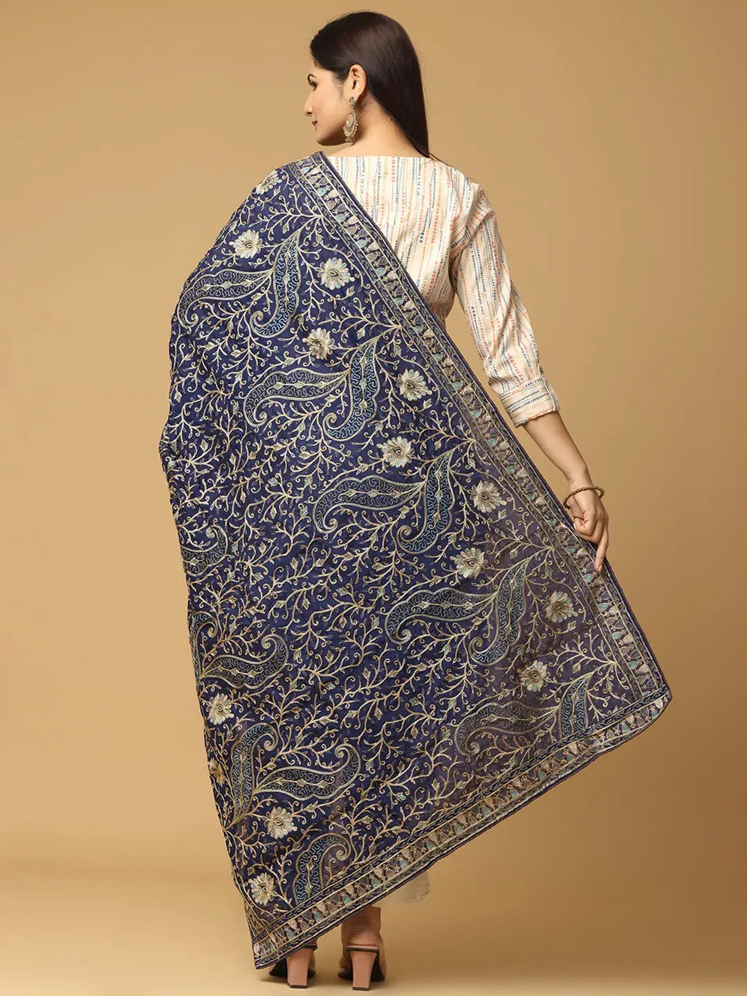Back view of navy chiffon pashmina dupatta with embroidery