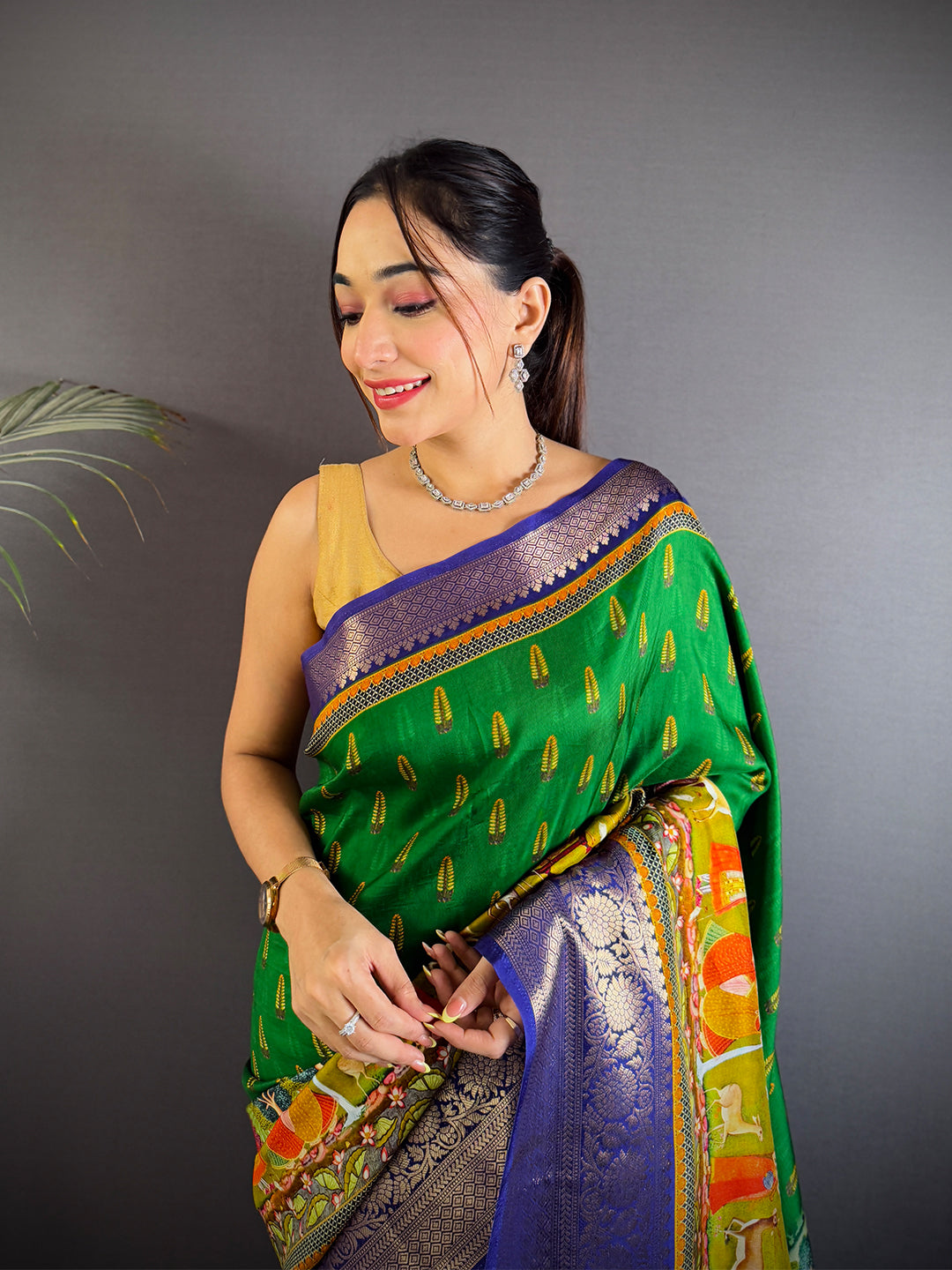 Emerald Green Viscose Pichwai Print Saree