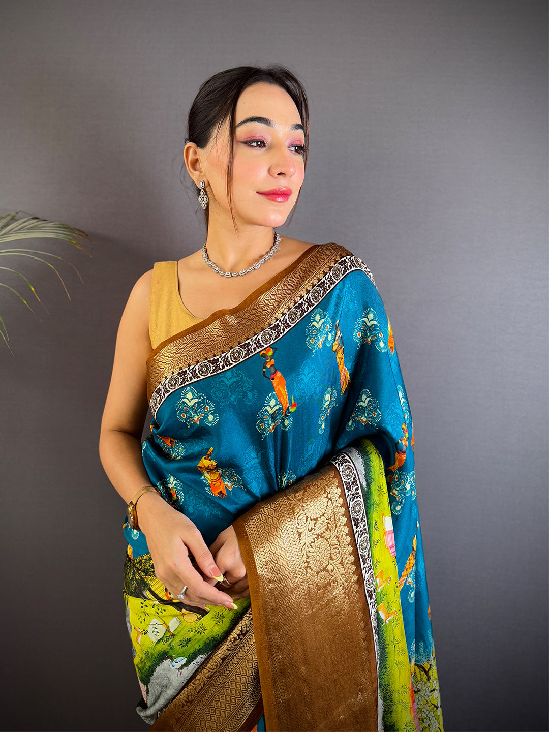 Teal Blue Viscose Pichwai Print Saree