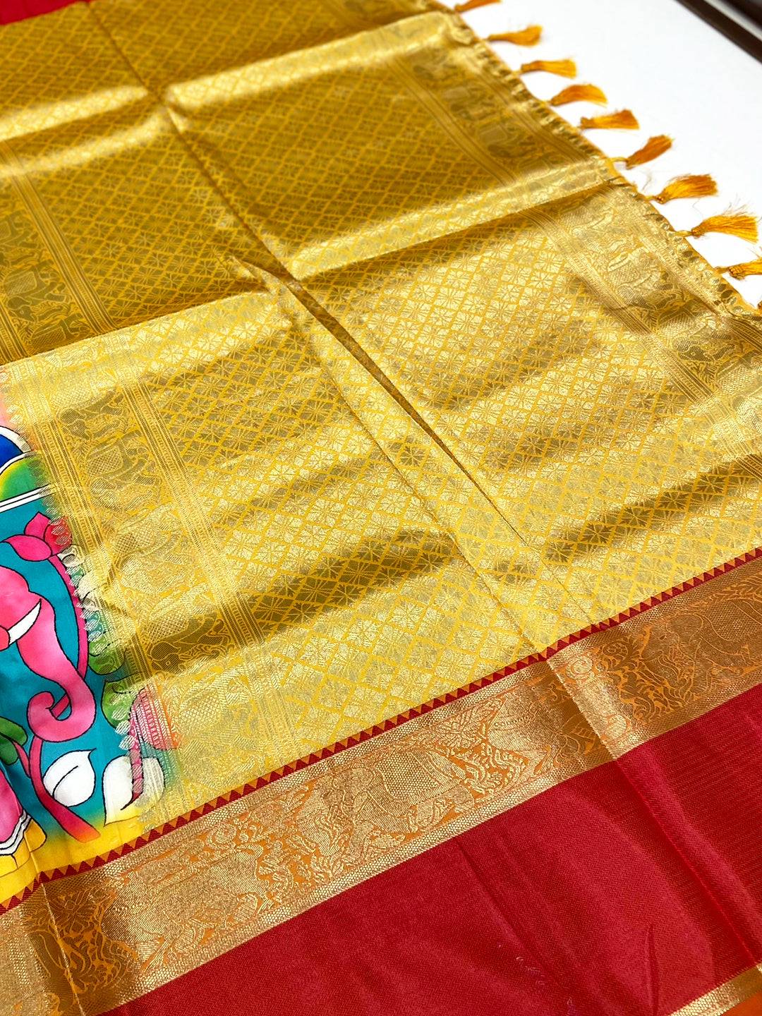 Vibrant Teal Banarasi Kalamkari Silk Saree