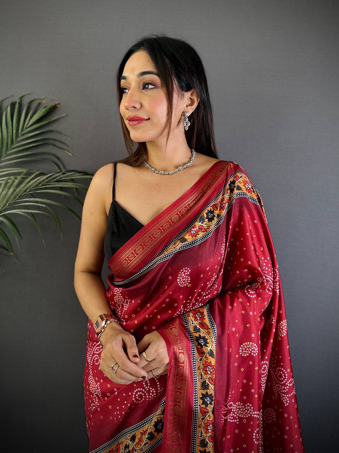 Red Bandhej Kalamkari Soft Silk Saree