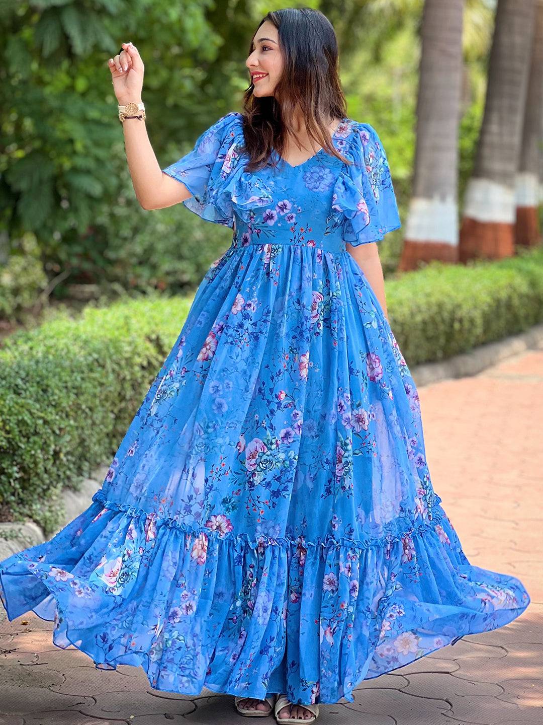Orchid Blue Printed Flary Dress with floral design