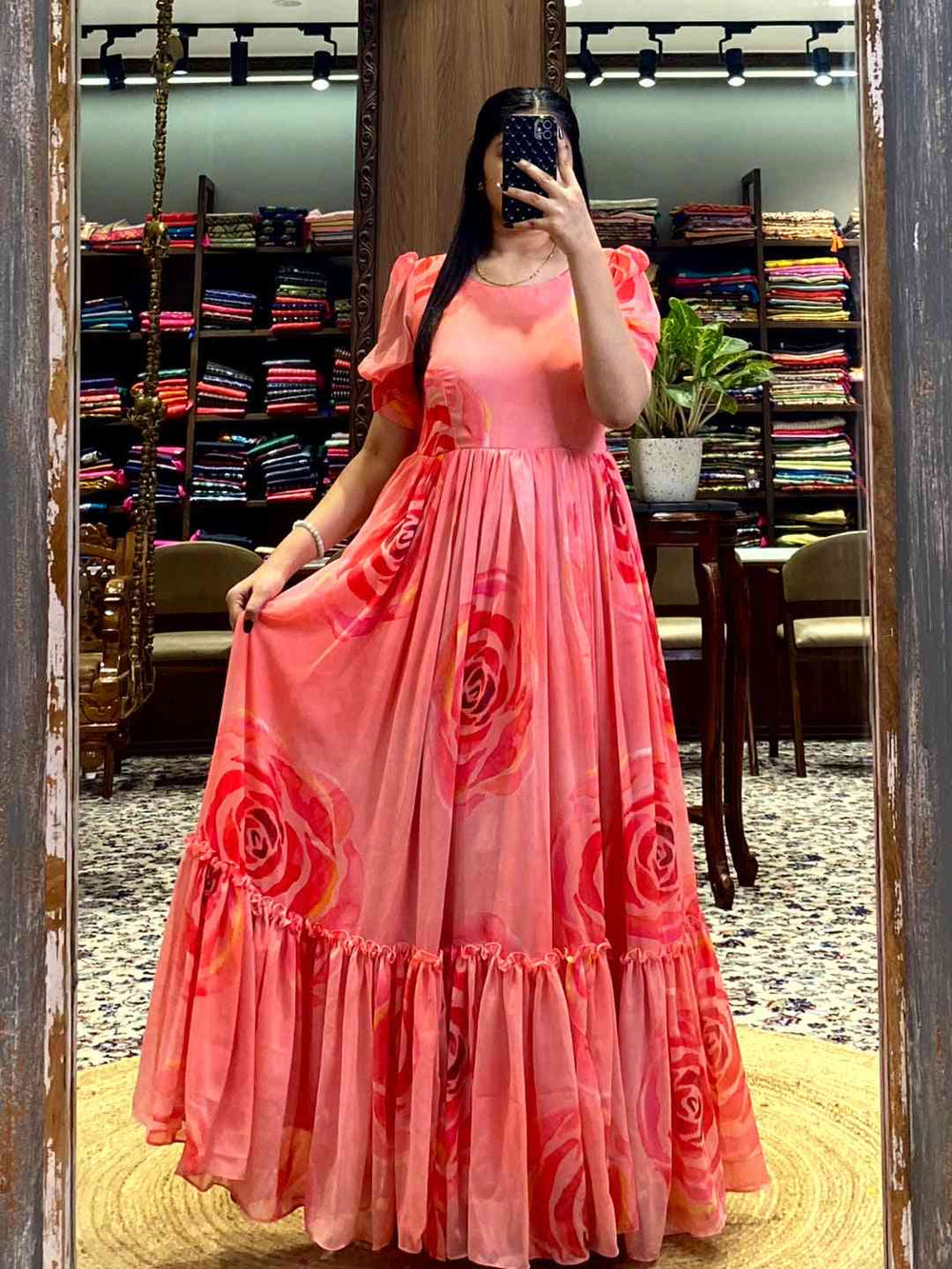 Coral Floral Georgette Dress