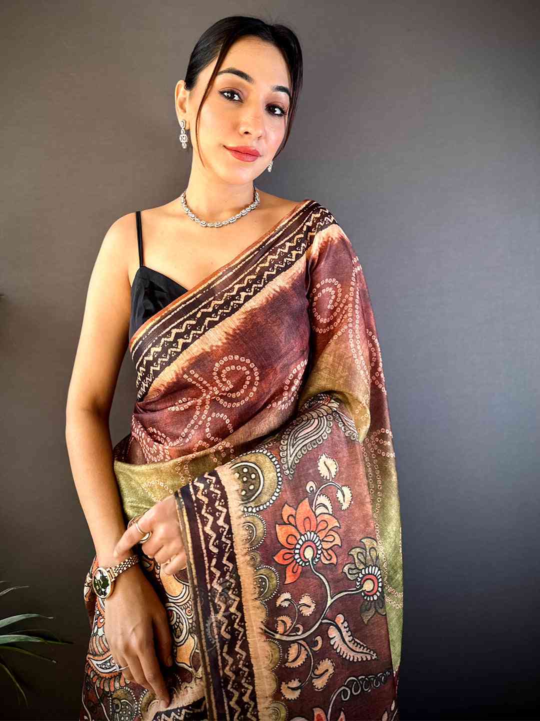 Olive Kalamkari Bandhani Chanderi Saree