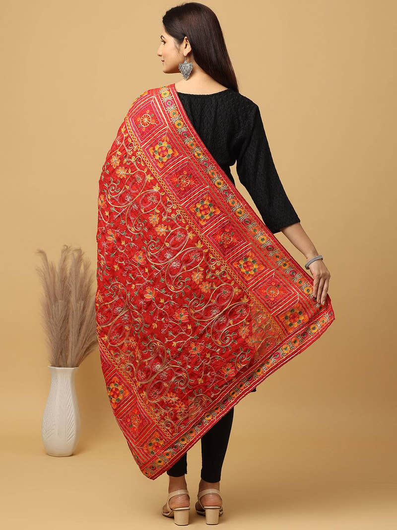 Red Multicolour Floral Jaal Pashmina Dupatta