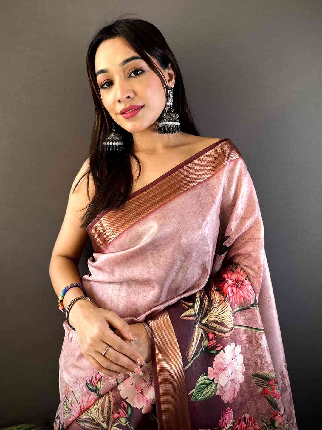 Rose Pink Floral Grace Soft Silk Tissue Saree