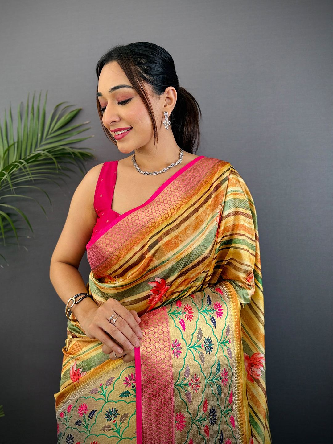 Yellow Freehand Digital Print Soft Silk Saree