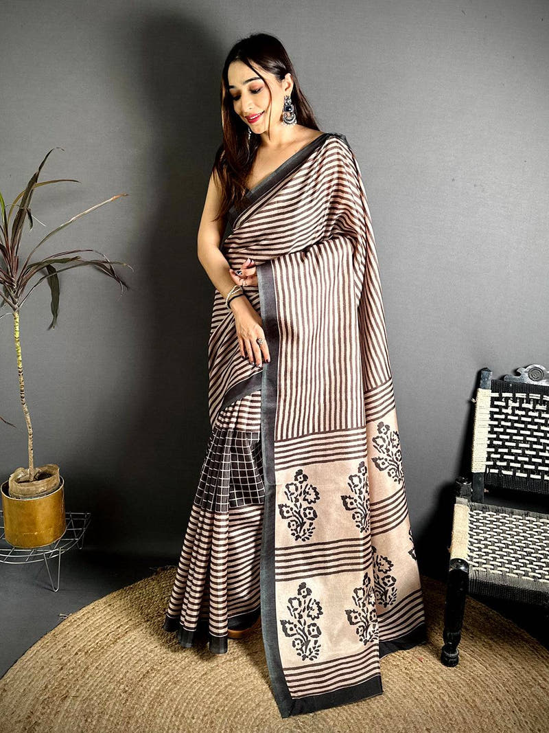 Opulent Ajrakh Block Print Tussar Saree